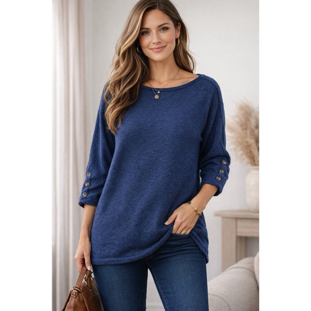 Talbots 1X Navy Sweater Button Sleeve Soft Knit Classic Casual Top Lightweight